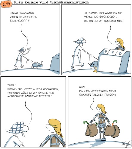 Cartoon: Frau K wird transhumanistisch (medium) by Anjo tagged exoskelett,transhumanismus,prothese,einkauf,exoskelett,transhumanismus,prothese,einkauf