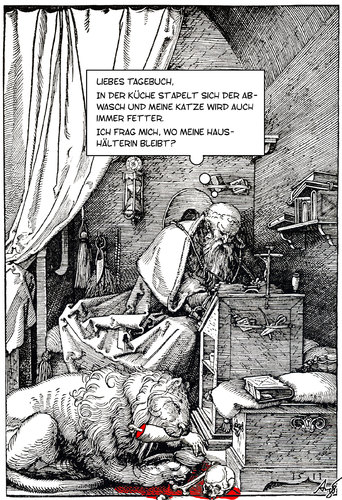 Cartoon: Hieronymus (medium) by Anjo tagged dürer,essen,haushälterin,katze,löwe,hieronymus,hieronymus,löwe,katze,haushälterin,essen,dürer