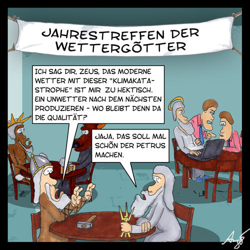 Cartoon: Jahrestreffen der Wettergötter (medium) by Anjo tagged wetter,klima,katastrophe,sturm,regen,zeus,thor