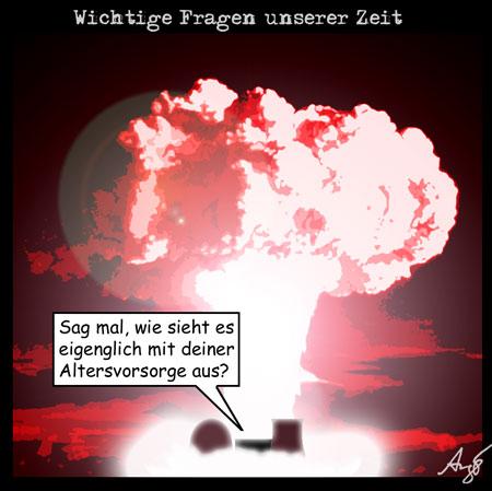 Cartoon: Wichtige Fragen der Zeit (medium) by Anjo tagged atomkraftwerk,supergaz,gau,akw,pilz,atom,rente,altersvorsorge,laufzeit,laufzeitverlängerung
