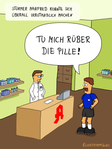 Cartoon: Apotheke (medium) by Frank Zimmermann tagged apotheke,fußball,fussballer,manfred,apotheker,arznei,pille,schrank,kittel,cartoon,comic