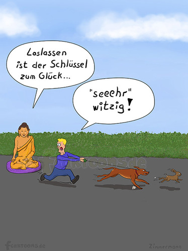 Cartoon: BUDDHA Spruch (medium) by Frank Zimmermann tagged jagd,spruch,rennen,mann,lustig,laufen,kissen,kaninchen,jagen,hund,humor,cartoon,buddha,blond,bild