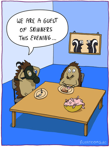 Cartoon: GUEST (medium) by Frank Zimmermann tagged guest,hedgehog,snail,table,meal,eat,cartoon,gasmask,skunk,plate