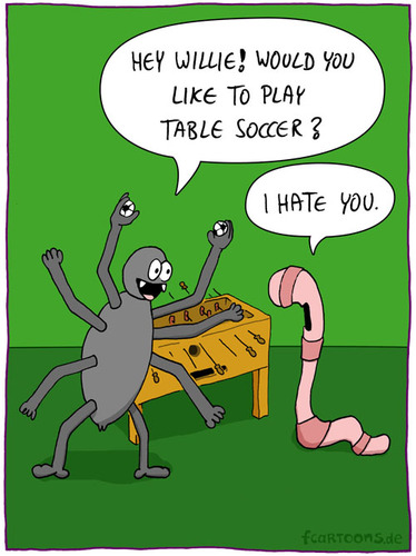 Cartoon: play table soccer (medium) by Frank Zimmermann tagged foosball,kicker,soccer,table,play,spinne,wurm,spider,worm,arms,balls,hate