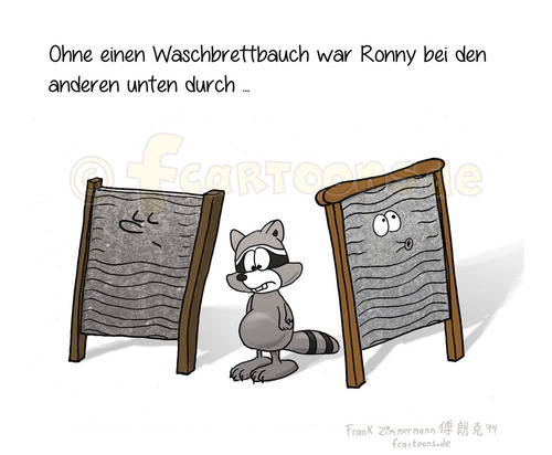 Cartoon: WASCHBRETTBAUCH (medium) by Frank Zimmermann tagged waschbrettbauch,waschbärbauch,waschbär,raccoon,cartoon,comic,sad,wash,board,animal,sweet,stripes,metal