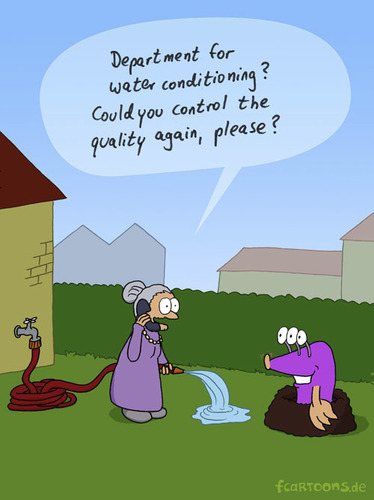 Cartoon: Waterquality (medium) by Frank Zimmermann tagged waterquality,mole,purple,water,hose,granny,grandma,phone,call,fcartoons,cartoon,comic,complain