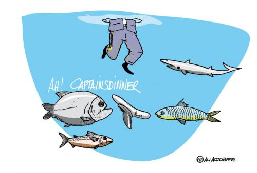 Cartoon: CAPTAINSDINNER (medium) by ali tagged kreuzfahrt,meer,urlaub,seefahrt,captain,fisch,fish