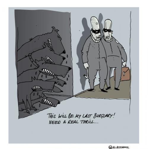 Cartoon: Multiple Challenge (medium) by ali tagged burglars,einbrecher,einbrecher,bankraub,bankräuber,bewährung,bunker,delikt,diebstahl,einbruch,fahndung,gefängnis,kriminalität,kriminelle,raub,überfall,verbrechen,verbrecher,wachhund,hund,kampfhund,maulkorb,maulkorbzwang,pension,rente