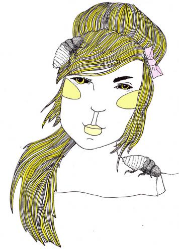 Cartoon: Hair Hopper (medium) by BonnieRue tagged blonde,girl,blushing,roaches,hair,hopper,hairspray,bust