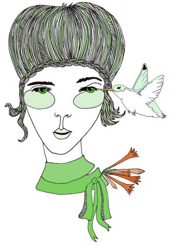 Cartoon: Hum (medium) by BonnieRue tagged girl,hummingbird,bird,green,big,hair,animal,creature