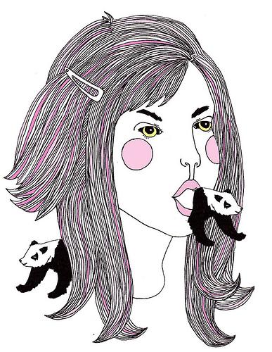 Cartoon: Panda! Panda! (medium) by BonnieRue tagged girl,panda,pink,black,big,hair,animal,creature