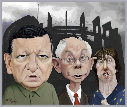 Cartoon: Barroso  Rompuy  Ashton. (medium) by Maria Hamrin tagged eu,brussels,luxemburg,strasbourg,euro,farage,russia