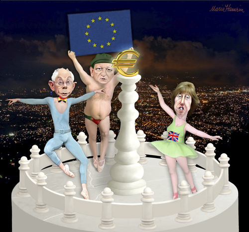 Cartoon: EU potentates. (medium) by Maria Hamrin tagged caricature,tower,rompuy,barroso,ashton,euro,flag,eu,brussels,luxemburg,strasbourg,leaders
