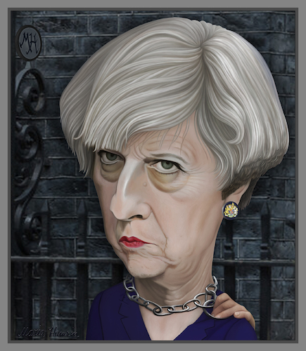 Cartoon: Prime Minister Theresa May. (medium) by Maria Hamrin tagged caricature,british,pm,leader,chief,politican,chairwoman,conservative,tory,uk,cameron,corbyn,johnson,thatcher,eu,brexit,dup,mp