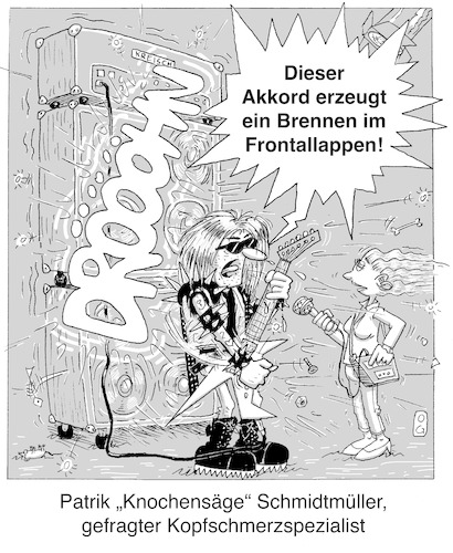 Cartoon: Kopfschmerzspezialist (medium) by Oliver Gerke tagged kopfschmerzen,heavy,metal,lautstärke,interview