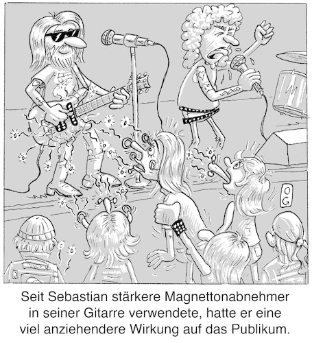 Cartoon: Magnettonabnehmer (medium) by Oliver Gerke tagged magnet,tonabnehmer,pickup,gitarre,heavy,metal,piercing,groupies,fans