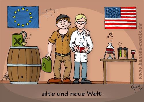 Cartoon: alte und neue Welt (medium) by Hannes tagged hannes,usa,europa,welt,alte,neue,chemie,panschen,wein