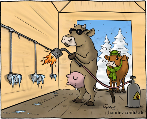 Cartoon: Frostschutz (medium) by Hannes tagged winter,kalt,cold,frost,landwirt,farmer,agriculture,landwirtschaft,viehhaltung,vieh,cattle,kühe,cow,tiere,frostschutz,frostprotection,antifreeze
