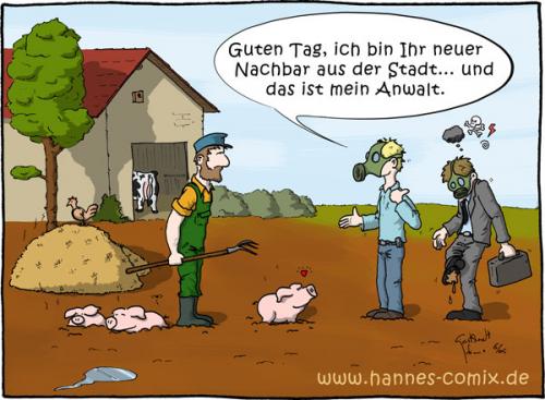 Cartoon: neuer Nachbar (medium) by Hannes tagged land,bauer,bauernhof,nachbar,anwalt,luft,gasmaske,kuhstall,mist,schwein