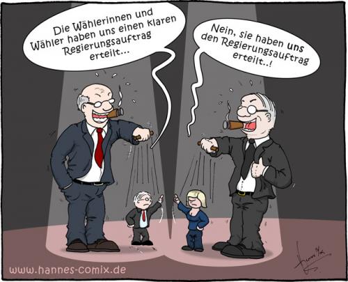 Cartoon: Regierungsauftrag (medium) by Hannes tagged wahl,regierungsauftrag,merkel,steinmeier,wirtschaft,handel,banken,manager,theater,schauspiel,marionetten,puppen,politik
