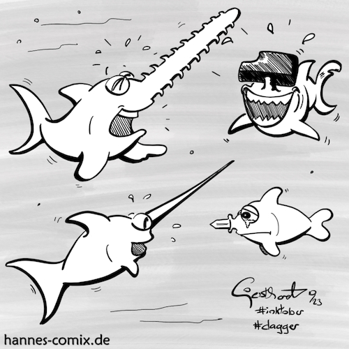 Cartoon: size matters (medium) by Hannes tagged inktober,schwertfisch,hammerhai,sägefisch,fische,dolch,tauchen,meer,mobbing