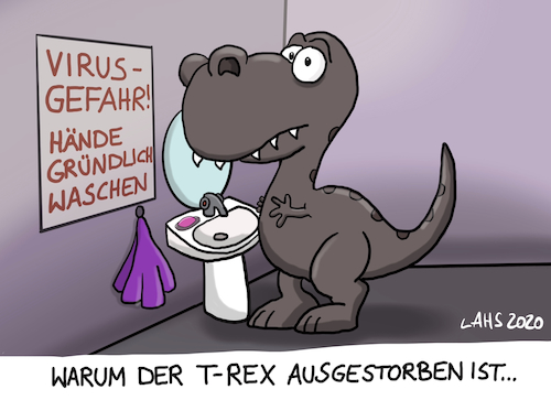Cartoon: Dinosterben (medium) by LAHS tagged corona,virus,händewaschen,dinosaurier,tyrannosaurus,rex,aussterben,kurze,arme