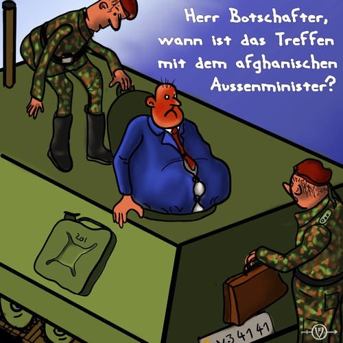 Cartoon: Diplomaten im Bundeswehr Camp (medium) by PuzzleVisions tagged puzzlevisions,bundeswehr,army,afghanistan,diplomaten,camp,diplomats,federal,armed,forces,ambassador,botschafter,auswärtiges,amt,foreign,affairs