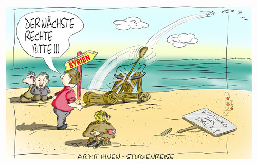 Cartoon: Studienfahrt bzw. Flug (medium) by Leopold tagged politik,flüchtlinge,nazis,rechtsextremismus,rechtsextrem,wasser,meer,sand,katapult,ocean,sea,water,refugee