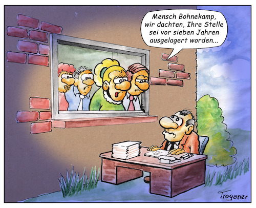 Cartoon: ausgelagert... (medium) by Troganer tagged arbeitsplatz,auslagerung,kollegen,solidarität