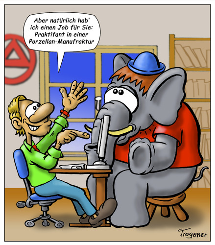 Cartoon: Geburt einer Legende (medium) by Troganer tagged elefant,porzellan,sprichwort,arbeitsagentur,jobsuche