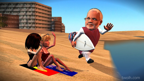 Cartoon: Surfer dude Narendra Modi (medium) by TwoEyeHead tagged surfing,australia,india,modi,narendra