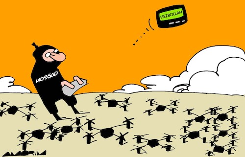 Cartoon: Drones in the pocket (medium) by Amorim tagged israel,mossad,hezbollah,israel,mossad,hezbollah