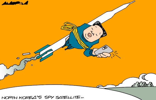 Cartoon: Spy satellite (medium) by Amorim tagged kim,jong,un,north,korea,spy,satellite,satellites,purchase,cartoon,kim,jong,un,north,korea,spy,satellite,satellites,purchase,cartoon