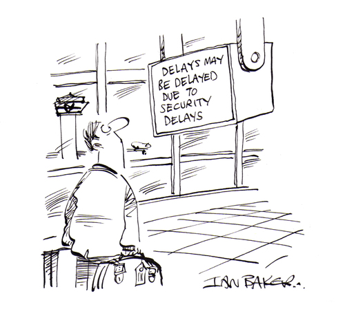 Cartoon: Airport delays (medium) by Ian Baker tagged ian,baker,gag,cartoon,airport,plane,departures,delay,humour,humor,luggage,angry,annoyed,tv,monitor,holiday,vacation