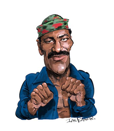 Cartoon: Jim Brown (medium) by Ian Baker tagged jim,brown,actor,athlete,cleveland,browns,national,football,league,action,films,movies,legend,blaxploitation,kelly,fred,williamson,ian,baker,cartoonist,cartoon,caricature,illustration,parody,satire,spoof,artwork,1970s,running,man,dirty,dozen,ice,station,zebra,three,the,hard,way,mars,attacks,cool