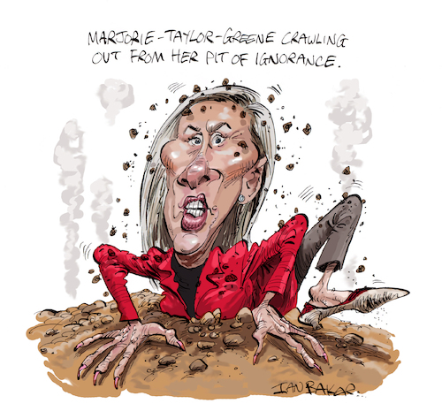 Cartoon: Marjorie Taylor Greene caricatur (medium) by Ian Baker tagged marjorie,taylor,greene,usa,representative,mtg,far,right,politics,politician,georgia,republican,stupid,hate,hatred,ian,baker,cartoon,cartoonist,caricature,spoof,parody,satire,news