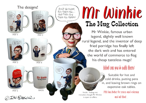 Cartoon: Mr Winkie mugs (medium) by Ian Baker tagged mr,winkie,ventriloquist,dummy,puppet,celebrity,merchandise,ian,baker,cartoonist,caricature,parody,spoof,satire,mugs,drinks,urban,myth,ray,glasses