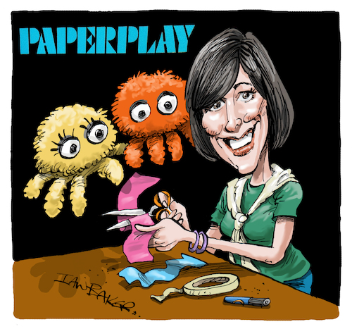 Cartoon: Paperplay (medium) by Ian Baker tagged paperplay,craft,bbc,itv,susan,stranks,itsy,and,bitsy,spiders,puppets,characters,crafting,making,70s,80s,ian,baker,cartoon,caricature,parody,spoof,nostalgia,kids