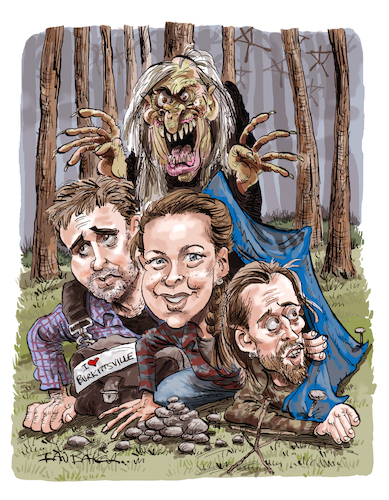 Cartoon: The Blair Witch Project (medium) by Ian Baker tagged the,blair,witch,project,horror,scary,woods,camping,found,footage,halloween,joshua,leonard,michael,williams,heather,donahue,sanchez,myrick,viral,spooky