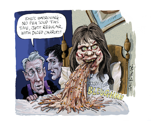 Cartoon: The Exorcist (medium) by Ian Baker tagged the,exorcist,1973,linda,blair,regan,macneil,ellen,burstyn,jason,miller,max,von,sydow,william,peter,blatty,friedkin,horror,scary,evil,demon,posession,paranormal,film,ian,baker,cartoonist,cartoon,caricature,parody,spoof,satire,illustration,humour,comedy,washington,dc,usa