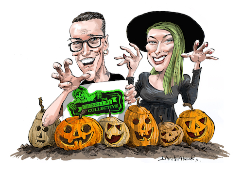 Cartoon: The Grimm Life Collective (medium) by Ian Baker tagged grimm,life,collective,youtube,michael,jessica,kolence,halloween,horror,spooky,scary,pumpkins,ghosts,paranormal,instagram,social,media
