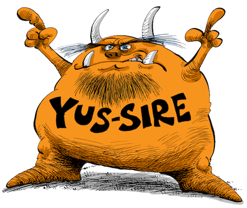 Cartoon: Yus - Sire (medium) by Ian Baker tagged yus,sire,character,cartoon,monster,creature,ian,baker,caricature,spoof,parody,horror,teeth,horns,pointing,devil