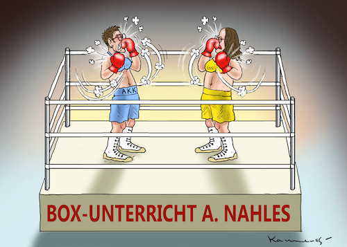 Cartoon: AKK IM BOX-UNTERRICHT (medium) by marian kamensky tagged groko,spd,parteitag,schulz,würselen,merkel,andrea,nahles,scholz,hessen,wahlen,akk,kühnert,bremen,rezo,groko,spd,parteitag,schulz,würselen,merkel,andrea,nahles,scholz,hessen,wahlen,akk,kühnert,bremen,rezo