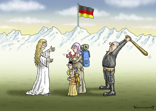 Cartoon: ANKUFT IN DEUTSCHLAND (medium) by marian kamensky tagged eu,flüchtlinge,asyl,politik,willkommenskultur,terrorismus,heidenau,horst,seehofer,bayern,eu,flüchtlinge,asyl,politik,willkommenskultur,terrorismus,heidenau,horst,seehofer,bayern