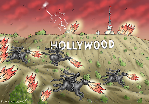 Cartoon: APOLAKYPTISCHE REITER (medium) by marian kamensky tagged apolakyptische,reiter,hollywood,los,angeles,brände,apolakyptische,reiter,hollywood,los,angeles,brände