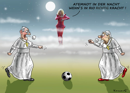 Cartoon: Atemnot in Rio (medium) by marian kamensky tagged fifa,wm,brasilien,katar,korruption,fussball,sepp,blatter,papst,franziskus,fifa,wm,brasilien,katar,korruption,fussball,sepp,blatter,papst,franziskus