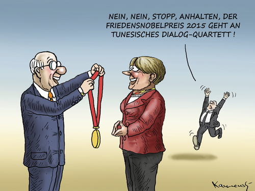 Cartoon: BEINAH NOBELPREIS (medium) by marian kamensky tagged friedennobelpreis,2015,merkel,tunesisches,dialog,quartett,friedennobelpreis,2015,merkel,tunesisches,dialog,quartett