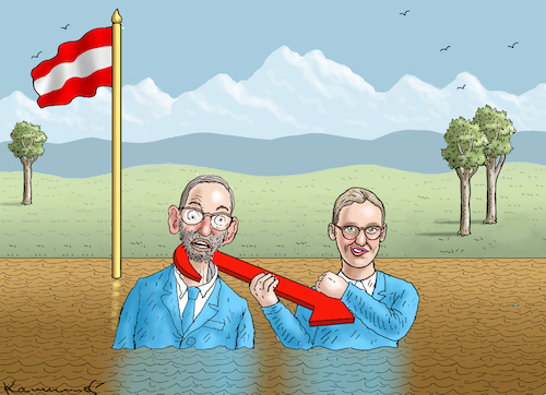 Cartoon: BLAUES FISCHEN IN BRAUNEN GEWÄSS (medium) by marian kamensky tagged weidel,kickl,österreich,afd,weidel,kickl,österreich,afd