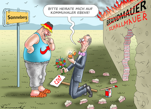 Cartoon: BRAND-SCHALLMAUERDURCHBRECHER (medium) by marian kamensky tagged sesselmann,in,sonneberg,merz,brandmauer,sesselmann,in,sonneberg,merz,brandmauer