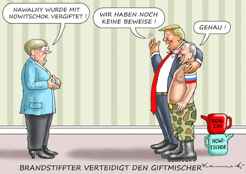 Cartoon: BRANDSTIFFTER VERTEIDIGT GIFTIG (medium) by marian kamensky tagged nowitschok,merkel,putin,nawalny,trump,nowitschok,merkel,putin,nawalny,trump